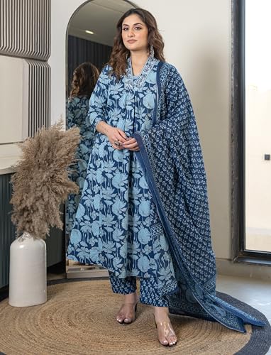 Image of Arayna Women's Pure Cotton Block Printed Ethnic Wear Kurta Set with Palazzo & Dupatta