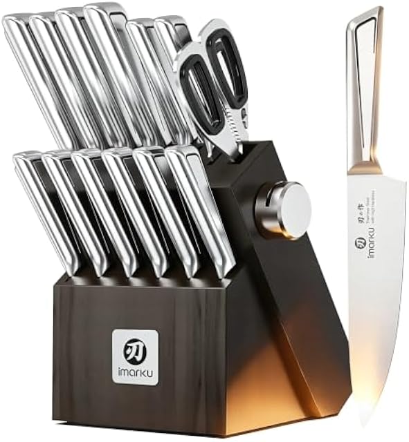 imarku Japanese High Carbon Stainless Steel Knife Set with Block, Precision-Forged Gyutou Kitchen Knives with Built-in Sharpener, Ultra-Sharp 10–15° Edge, Ergonomic Non-Slip Handle, Dishwasher Safe