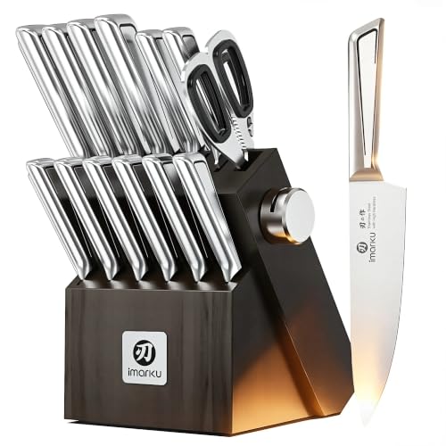 imarku Japanese High Carbon Stainless Steel Knife Set with Block, Precision-Forged Gyutou Kitchen Knives with Built-in Sharpener, Ultra-Sharp 10–15° Edge, Ergonomic Non-Slip Handle, Dishwasher Safe