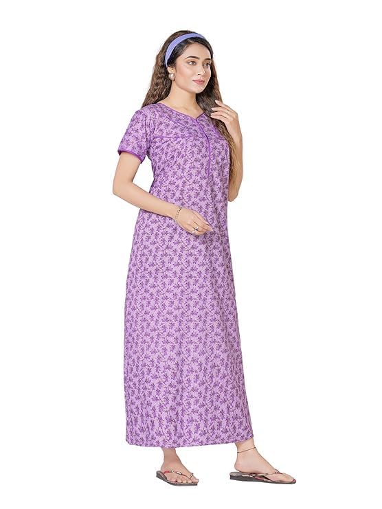 Image of Vlazom Women's Cotton Nighty - Jaipuri Rajasthani Printed Maxi Dress with Embroidery & Pockets
