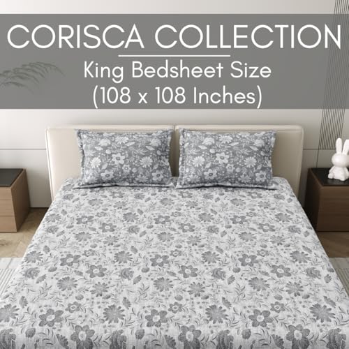 Image of Mafatlal 186 Tc Corsica Pure Cotton King Size Bedsheet | 274 X 274 Cm | Summer Flat Sheet for Relaxing Sleep Comfort | Includes 2 Pillow Covers | Grey Luster