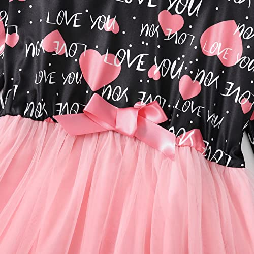 Patpat Kid Girl Dress Letter/Heart Print Bowknot Design Mesh Splice Casual Long-Sleeve Tutu Dress For Kids Pink 5-6 Years #TOP6