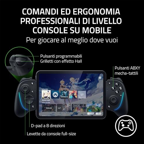 Razer Kishi Ultra USB-C - Controller da gioco per Android, iPhone Serie 15 e 16, iPad Mini A17 Pro e 6 (tattile Sensa HD, RGB, ricarica passthrough, pulsanti mecha-tattili e D-pad) Nero - Immagine 3