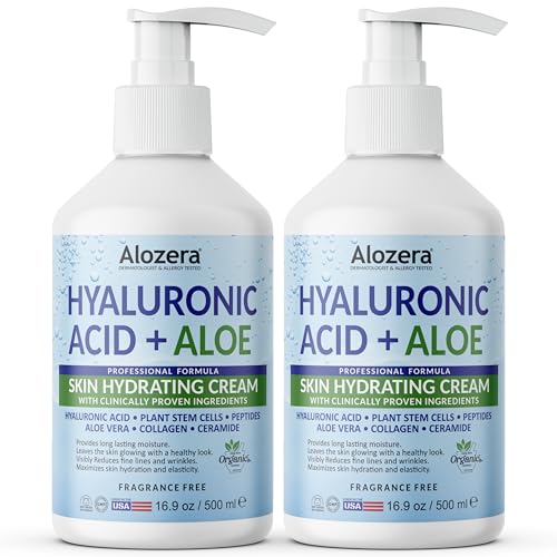 Alozera Hyaluronic Acid Body Lotion with Aloe & Stem Cells, Daily Moisturizing Lotion for Dry, Sensitive Skin Hydration, Non-Greasy, Lightweight Moisturizer, Fragrance-Free, 16.9 oz 2-Pack