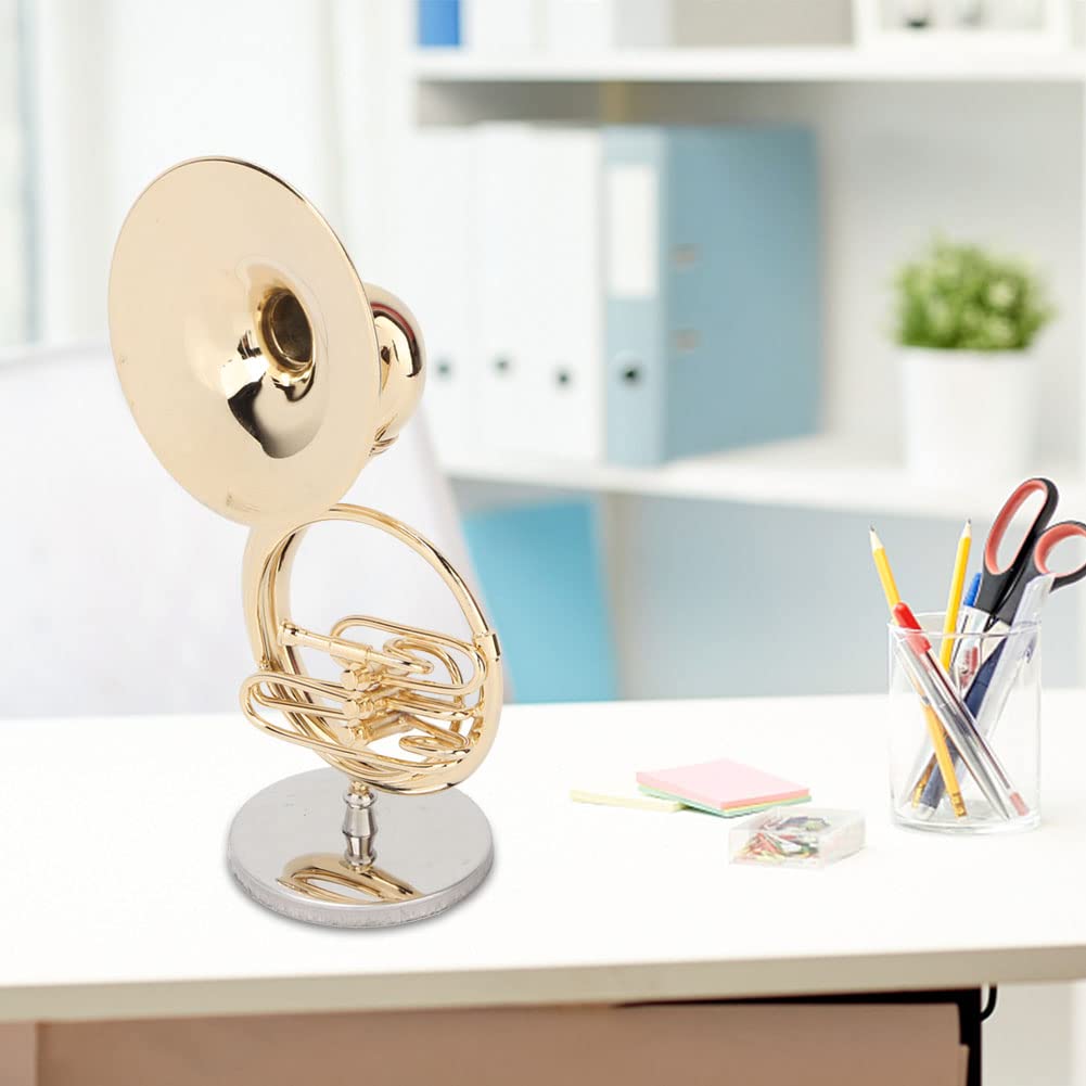 Cyrank Sousaphon-Modell-Ornament, Metall-Musikinstrument-Modell Sousaphon-Display-Ornament mit Ständer und Gehäuse Miniatur-Musikreplik-Dekoration