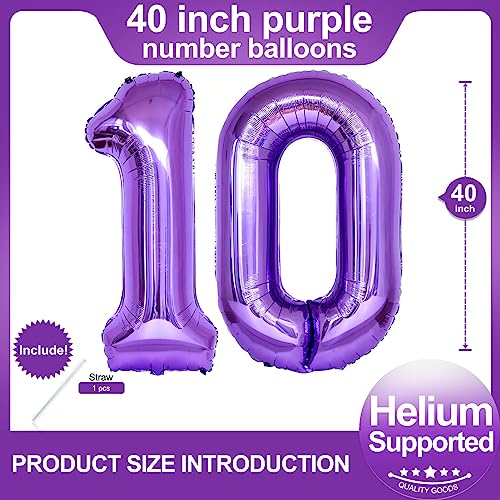 Image of Number 10 Purple Balloons 40 Inch Giant Purple 10 Number Foil Helium Balloons for 10th Purple Birthday Party Supplies 10th Anniversary Events Decorations