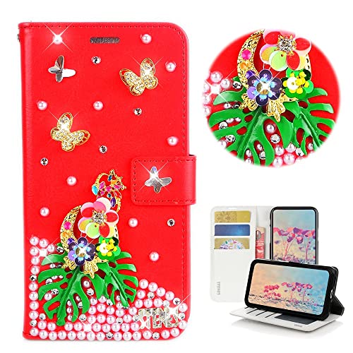 STENES Bling Wallet Phone Case Compatible with Samsung Galaxy S21 Plus Case - Stylish - 3D Handmade Flowers Leaf Butterfly Floral Glitter Magnetic Wallet Stand Leather Cover Case - Red