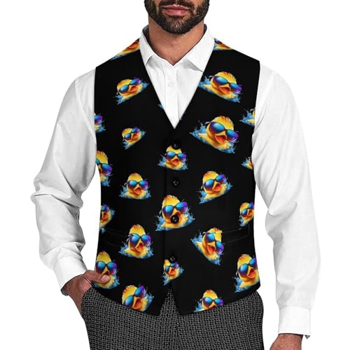 Rubber Duck with Glass Suit Vest for Men Slim Fit Tuxedo Waistcoat Button V Neck Business Coat