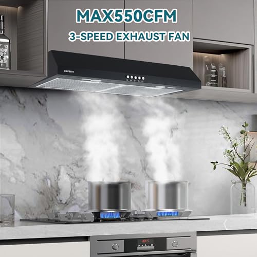 Image of 30 inch Under Cabinet Range Hood, Convertible Ducted /Ductless, 550 CFM Strong Airflow, 3-Speed Touch Control, 2 LED Lights, 6-Layer Stainless Steel Filters, Black
