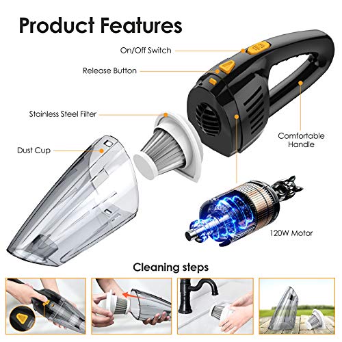 Handheld Vacuum Cleaner Cordless,AUCEE 9000PA 120W High Power Portable Hand Vacuum Cordless Rechargeable Wet Dry Vacuum with Stainless Steel Filter 2x2600mAh Lithium Battery Mini Hand Vac Car Pet Hair - Thumbnail 5