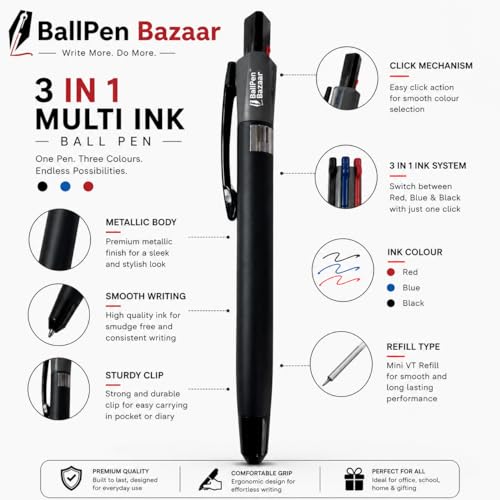 Image of Pen Paradise 3 in 1 Multi Colour Ball Pen Matte Black Metal Body with Clip | Blue, Red & Black Ink | 0.6mm Tip | Smooth Writing Click Pen for Office, Professionals & Gifting | Pack of 1