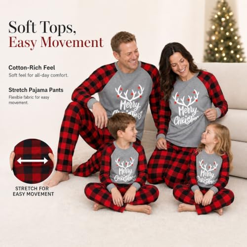 Image of IFFEI Matching Family Pajamas Sets Christmas PJ's with Letter and Plaid Printed Long Sleeve Tee and Bottom Loungewear