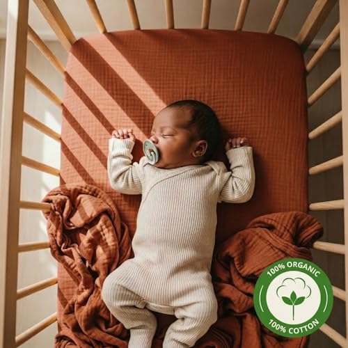 Image of Crib Sheets - Organic Cotton Muslin Fitted Crib Sheet - Standard Size for Baby Boy and Baby Girl 28 inch x 52 inch Ultra-Soft and Breathable. (Cedar)