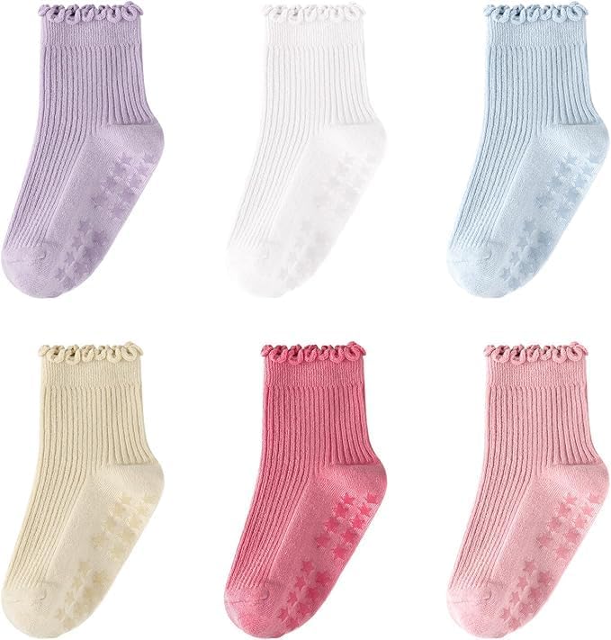 CoolMate 6 Pairs Toddler Ruffle Socks for Girls Baby Grip Socks Non Slip Cute Grippy Frilly