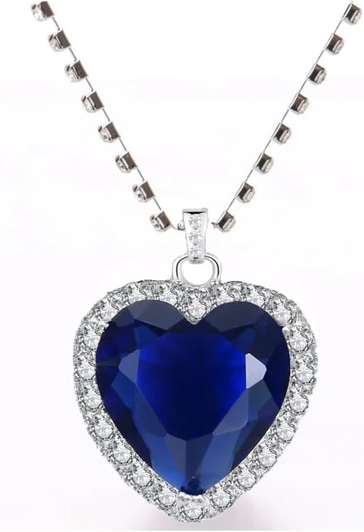 925 Sterling Silver Heart Pendant Necklace - Peach Heart Blue Crystal Zircon Jewelry Set For Women, Titanic Themed Wedding Engagement Jewelry - Image 6