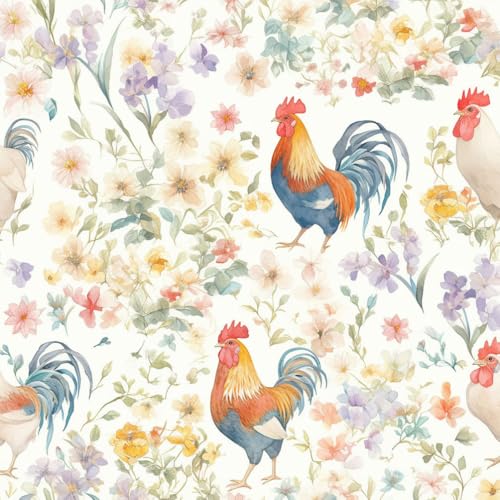 Papel pintado autoadhesivo Gallo floral bohemio acuarela con diseño floral de pollo Papel tapiz adhesivo para sala de estar dormitorio papel tapiz art déco impermeable papel tapiz de vinilo con rever