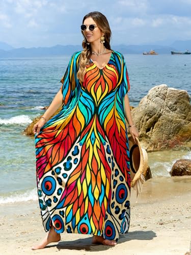 Image of sunforyou Kaftan Dresses for Women Plus Size Lightweight Swimsuit Cover up Batwing Sleeve Print Loungewear Beach Robe