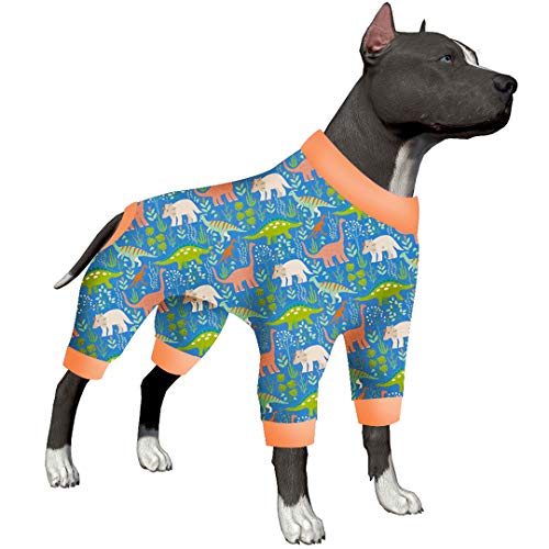 LovinPet Large Breed Dog Clothes Pajamas, Wound Care/Post Surgery Full Coverage Shirt, Dinosaur Land Blue Print