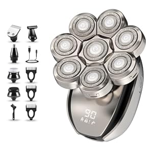 Rasoir Electriques Hommes, 6 in 1 Rasoirs à Têtes Rotatives 8D IPX6 Étanche Rechargeable USB Sans Fil Tondeuse Cheveux Crane Chauve Sec et Humide Portables