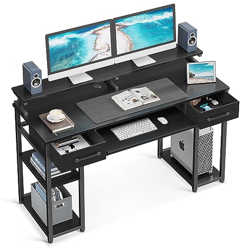 ODK Escritorio de Ordenador, Escritorio con 2 Cajones y Bandeja para Teclado, 120x48x90cm Escritorio de Oficina con Soporte para Monitor, Mesa de Escritorio con Estante Reversible para Oficina, Negro