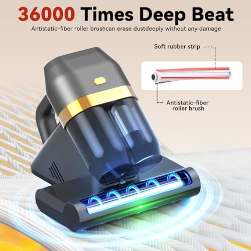 Kizivion Milbensauger für Matratzen,500W,16 kPa Saugleistung, 253,7 nm UV-C-Licht, 40000 U/min Bürstenwalze, HEPA-Filter und Doppel-Staubbehältern – Milbensauger für Betten, Sofas und Tierhaare