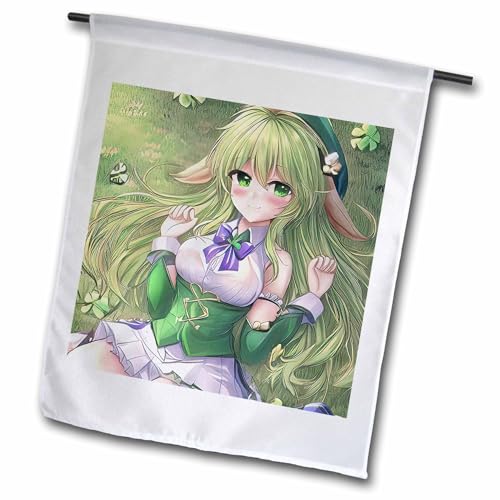 3dRose Irish elf girl lays on the green grass. Four leaf clover good luck - Flags (fl-376620-2)