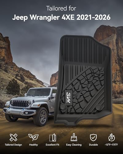 Image of 3W Floor Mats & Cargo Liner & Backrest Mats for Jeep Wrangler 4XE 2021-2025 2026 (Non JL /JK), All Weather TPE Rubber Heavy Duty Wrangler 4XE Accessories (Hybrid & 4 Door with Subwoofer)