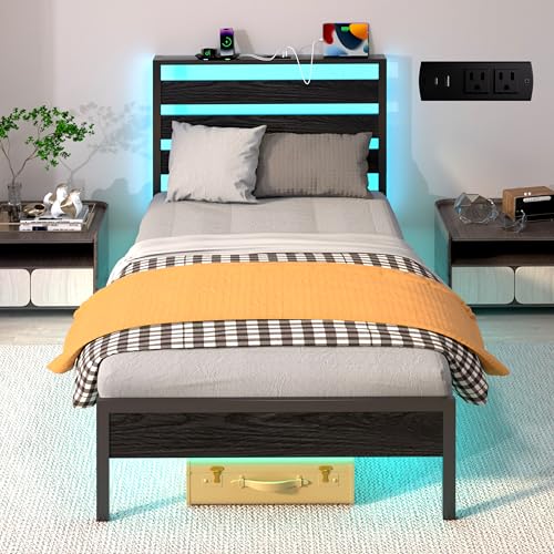 Image of J.Fkne Twin Bed Frame with Headboard, Platform Bed with LED & Charging Station, Heavy Duty Metal Slats, No Box Spring Needed, Noise Free, Easy Assembly, Black
