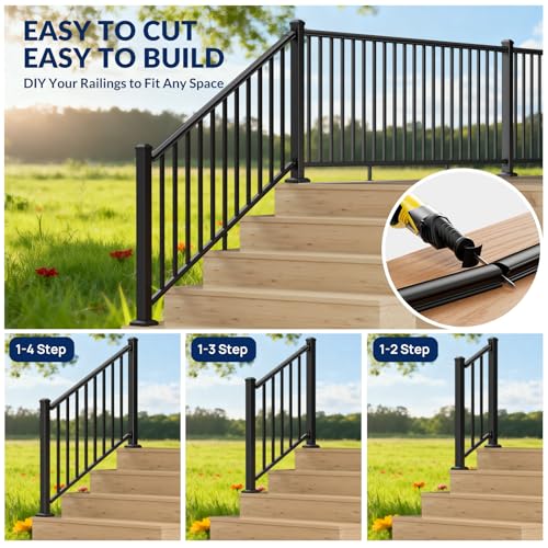 Image of Egadis 1 Pack 36 in. H x 7 ft. W Aluminum Stair Railing Kit, Black Textured AAMA 2604 Powder-Coat Finish Modular Railing System for Outdoor Decks, Porches & Balconies (1 Post, 1 Panel)
