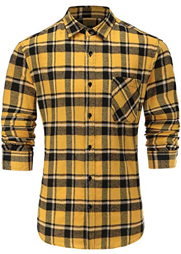 Emiqude Men's Stylish Flannel Cotton Slim Fit Long Sleeve Plaid Dress Shirt Small Yellow Black