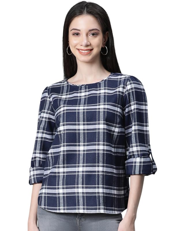 Image of oxolloxo Women Cotton Casual Tops | Regular Fit Checked Checked Round Neck |Regular Tops for Women |Navy Blue