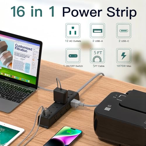 Image of Power Strip Surge Protector with 12 AC Outlets 4 USB, 5FT Extension Cord | Flat Plug Power Strip, Wall Mount Outlet Extender, 1050J, Desk Charging Station for Home Office Gaming Setup, ETL Listed