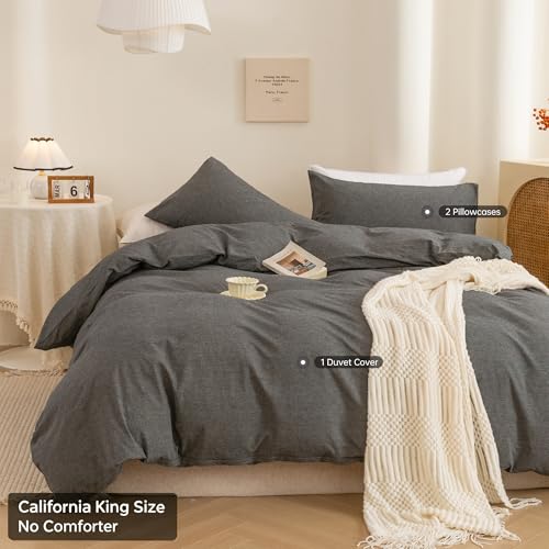 Image of ECOCOTT Duvet Cover Set, 100% Washed Cotton Linen-Like Textured Soft & Breathable, Durable Comfy Bedding Set for All Seasons (Grey, California King)