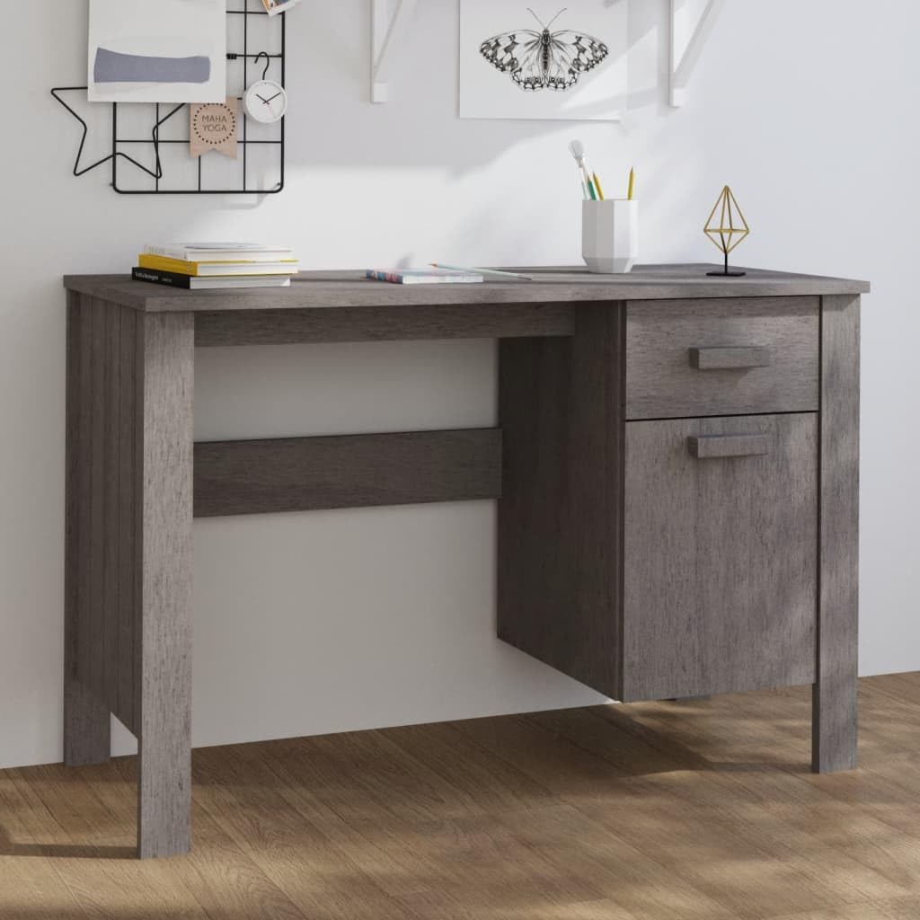 Scrivania grigio chiaro in legno di pino massiccio, 113 x 50 x 75 cm, con cassetto e porta, per ufficio, casa, studio e camera dei ragazzi