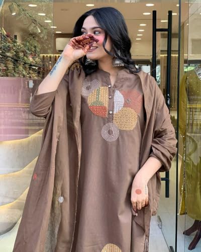 Image of Mehraj Online Store Women's Cotton Embroidery Straight Kurti Pant With Dupatta Set