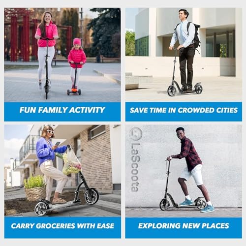 Image of LaScoota Kick Scooter for Kids Ages 6+, Teens & Adults, Large 8 inch Sturdy Urethane Wheels. Adjustable Handlebar, Lightweight, Foldable, 220lbs Max Load