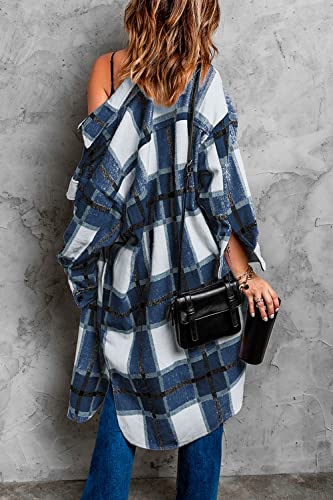 Prettygarden Women's 2023 Plaid Shacket Jacket Long Sleeve Button Down Shirts Fashion Winter Wool Coats (Navy,Large) #TOP3