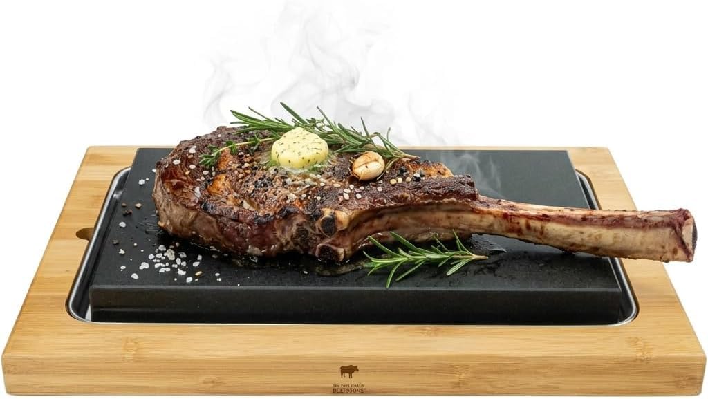 Set di mattoni lavici per bistecche, extra grande, in pietra calda, in pietra lavica e piastra in porcellana, carne, pesce grigliato su pietra calda (XXL)