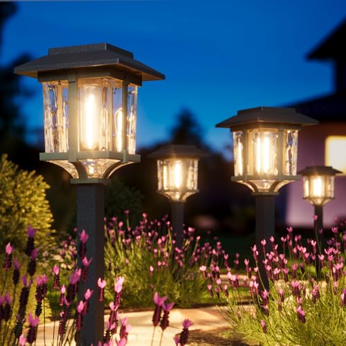 XMCOSY+ Solar Pathway Lights Outdoor, 2-Tone LED Waterproof Garden Outdoor Lighting for Yard Stainless Steel & Glass Solar Powered Landscape Walkway Driveway Decor (4 Pack, Warm White)