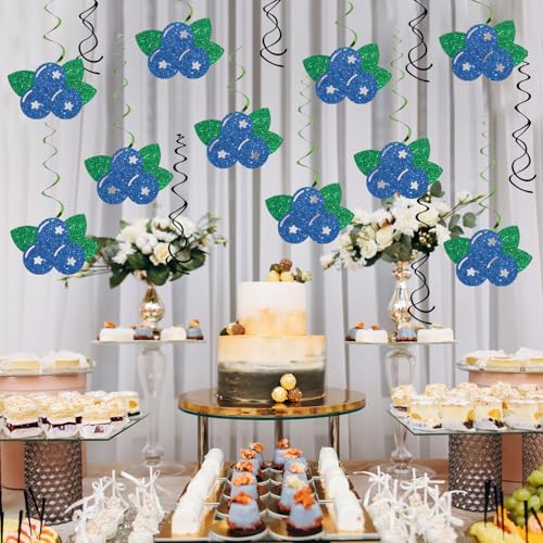 Image of Blueberry Hanging Swirl Decoration - Glitter 16 Pcs Berry Baby Shower Party Supplies - 1st Birthday Party - Engagement Wedding Streamers - Fruit Blueberry Party Foil Swirls Ceiling Decorations