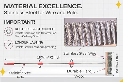 Image of Stainless Steel Wire Heavy Duty Brush 30 cm Durable Metal Wooden Brush with 70 inch Long Stainless Steel Pole for Swimming Pool, Terrace, Bathroom, Garden, Block, Moss, Stains Cleaning