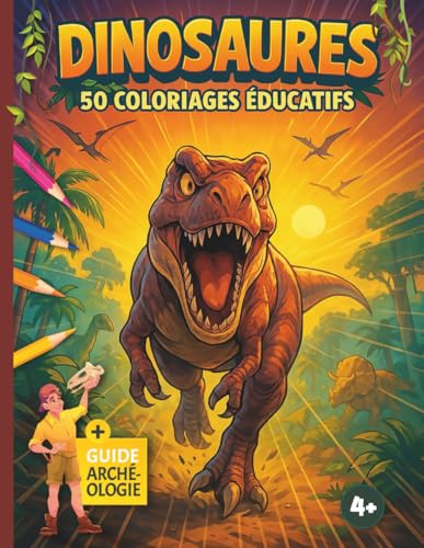 Livre de coloriage 50 DINOSAURES détachables + Fiches d'identité: Dinosaures à colorier + Fiches détaillées pour les étudier + Pages éducatives |...