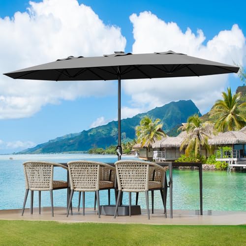 Large Patio Umbrella with Base Included, Double-Sided Rectangle Market Umbrella with Cross Base and Sandbag for Pool Lawn Garden (Grey, 15FT)