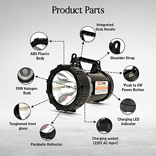 FOS-Army-Search-Light-55W-Halogen-Warm-White-2700K-Heavy-Duty-Rechargeable-Hand-Held-Torch-Abs-1600-Lumen