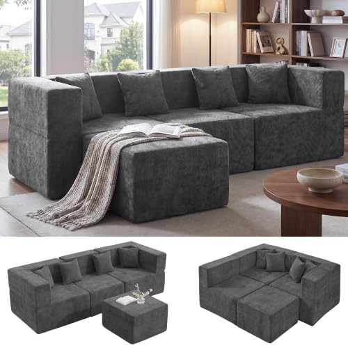 Image of MONVANE 103'' Oversized Boneless Sectional Couches for Living Room, 4-Seat L Shaped Cloud Couch, Modular Sofa with Ottoman & 4 Throw Pillows, Comfy Chenille, No Assembly Required, Gray