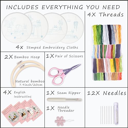 Image of Bonroy 4 Sets Embroidery Set for Beginners, Art Craft, Easy Sewing, Includes Embroidery Clothing, Pattern, Embroidery Hoop, Instruction Manual, Colorful Thread Stitch Set (Cat)