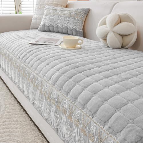 Image of HOKIPO 'BelleLace Series' Imperial Milk Velvet Sofa Cover Mat for 2 Seater Sofa, Lace Design, Cloud Grey (AR-5964-LGRY*1)