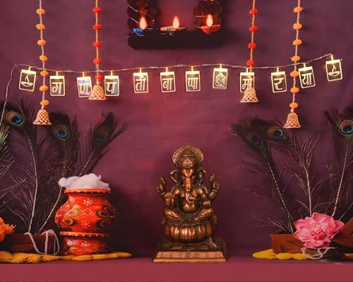 Image of ZALAR Magic Text Light GANPATI Bappa MORYA, LED String Lights, Peacock Feathers and Hanging Bells, Traditional Festival Decoration,Diwali