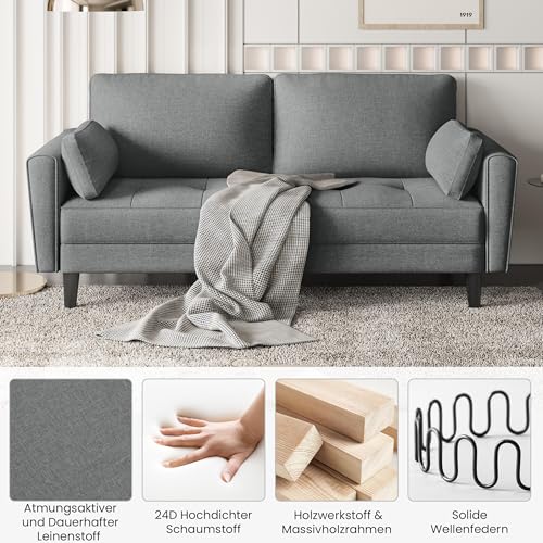 Yaheetech 2 Sitzer Sofa, Polstersofa mit 2 Kissen und Armlehnen, Moderne Couch Loungesofa aus Leinenstoff, Bequemes Loveseat für Wohnzimmer/Schlafzimmer Dunkelgrau