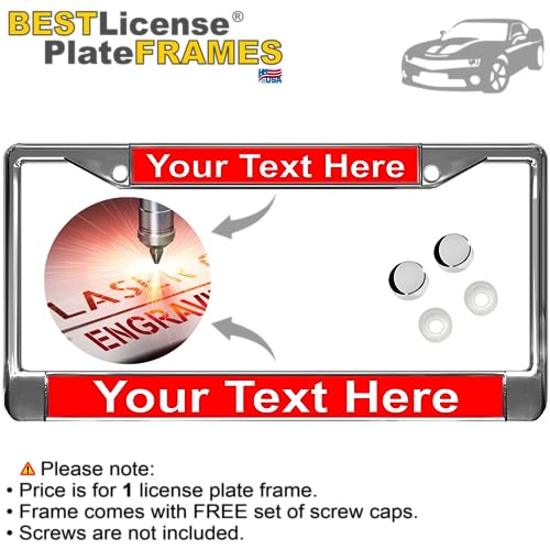 Image of Custom Personalized Chrome-Plated Metal Laser Engraved Standard Size - Car /Automobile License Plate Frame with Free caps - Red /White Text (Qty: 1 Frame)